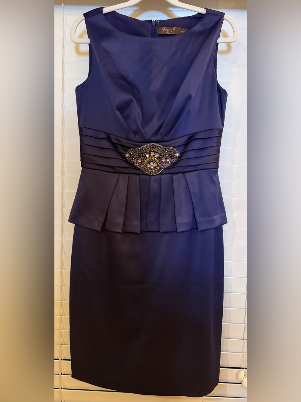 Eliza J Sleeveless Navy Peplum Dress with Jewel Embellishment
